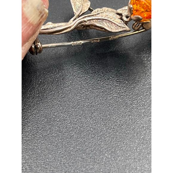 Baltic Cognac Amber Double Rose Brooch 925 Sterling Silver Hand Carved Signed - Picture 10 of 12